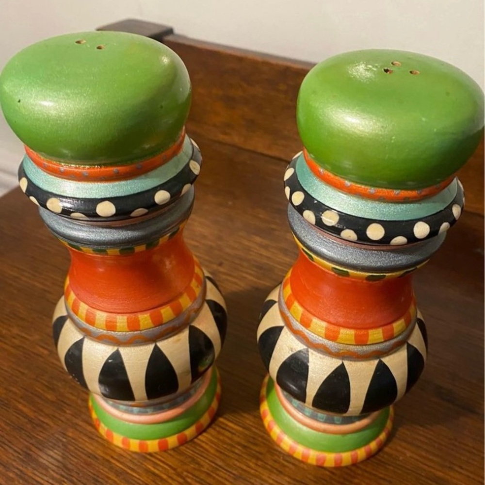 Vintage Hand Painted 7 1/4” Wooden Salt and Pepper Shakers Set